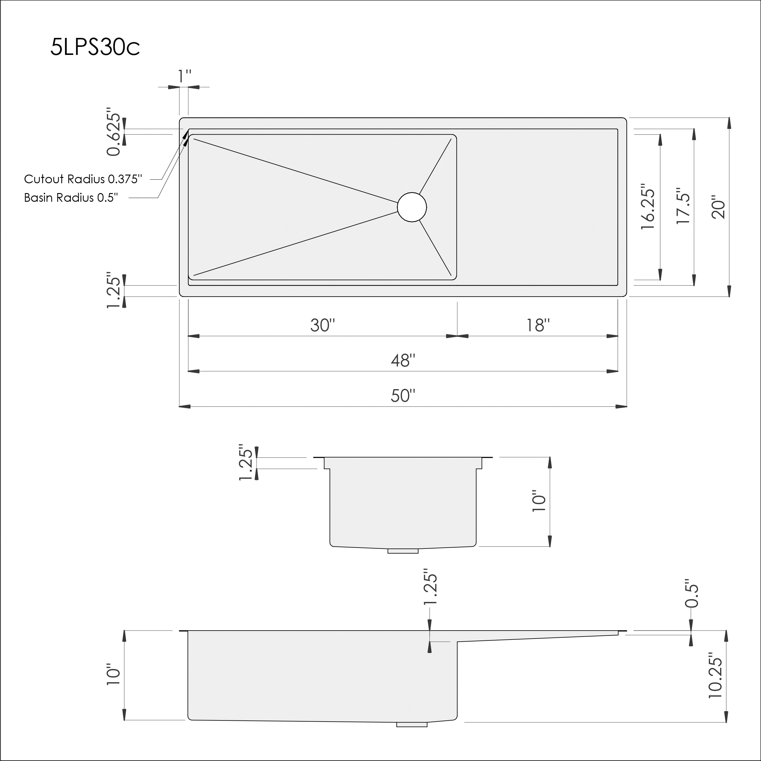 Dimensions for Create Good Sinks 50 inch stainless steel undermount workstation drainboard sink. Reversible design, 30 inch bowl, single bowl, 10 inch depth. 5LPS30c
