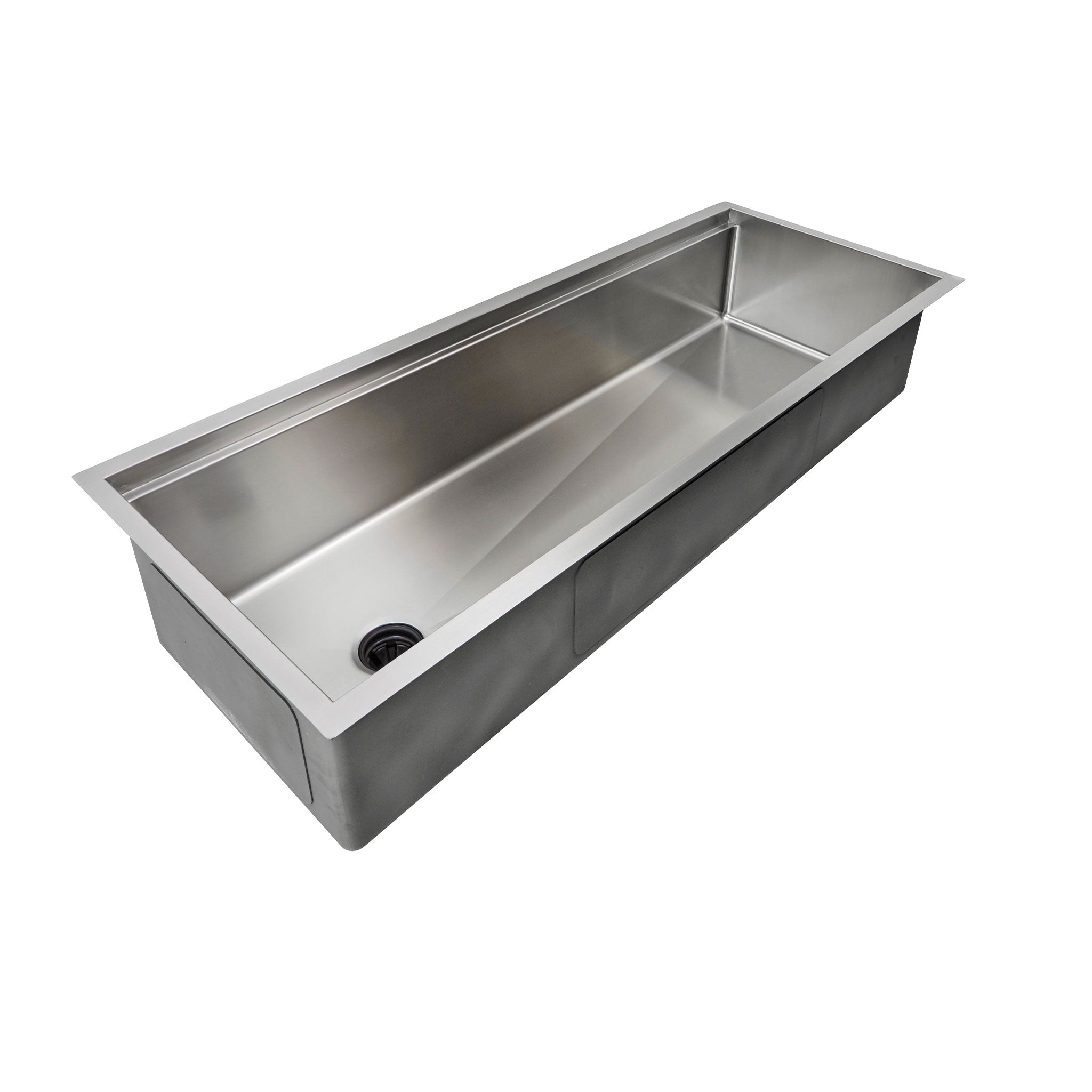 50-inch workstation kitchen sink with a single bowl, crafted from 16-gauge stainless steel. Features a reversible undermount design with a center drain.