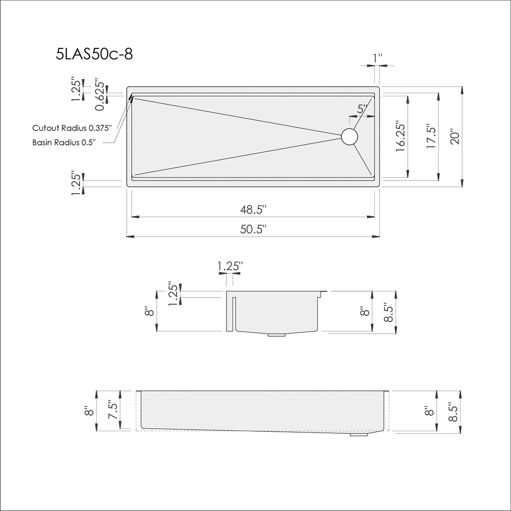 Dimensions of Create Good Sinks' 50 inch undermount apron front workstation sink. Stainless steel, single bowl, offset drain to the right, farmhouse sink.