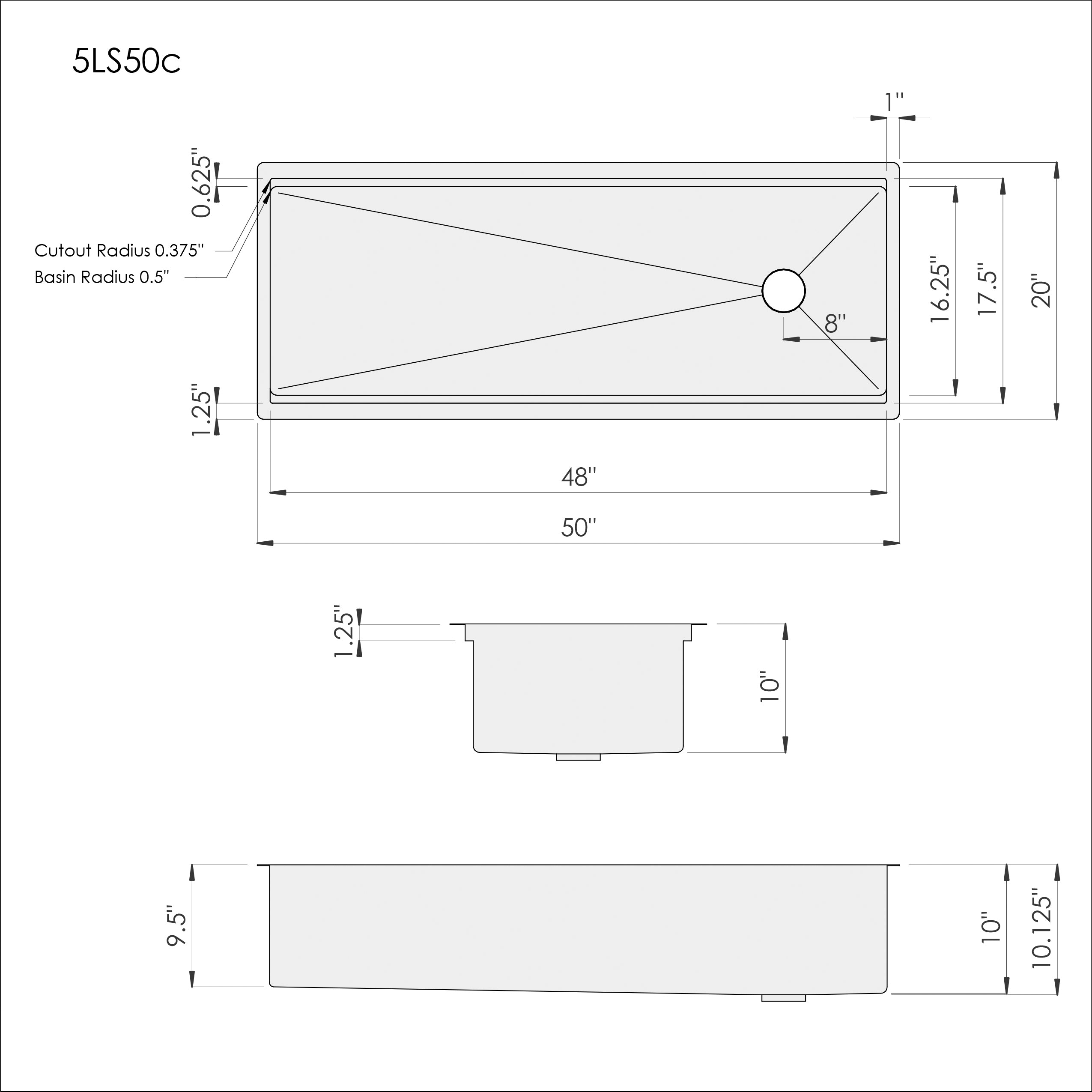 Technical drawing of the 50-inch workstation sink, showing dimensions and specifications. Includes basin radius, drain placement, and overall measurements.
