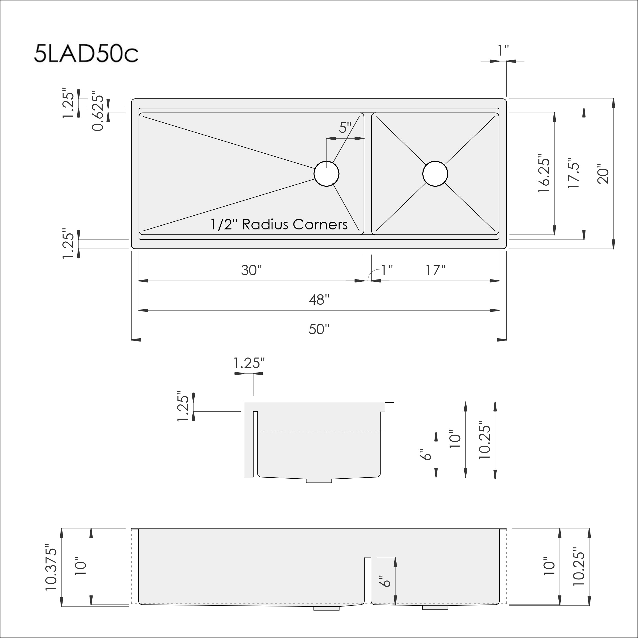 Dimensions of Create Good Sinks' 50 inch double bowl workstation sink with apron. 