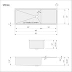 Dimensions of Create Good Sinks' 50 inch undermount drainboard sink. Stainless steel kitchen sink with built in drainboard and offset reversible drain