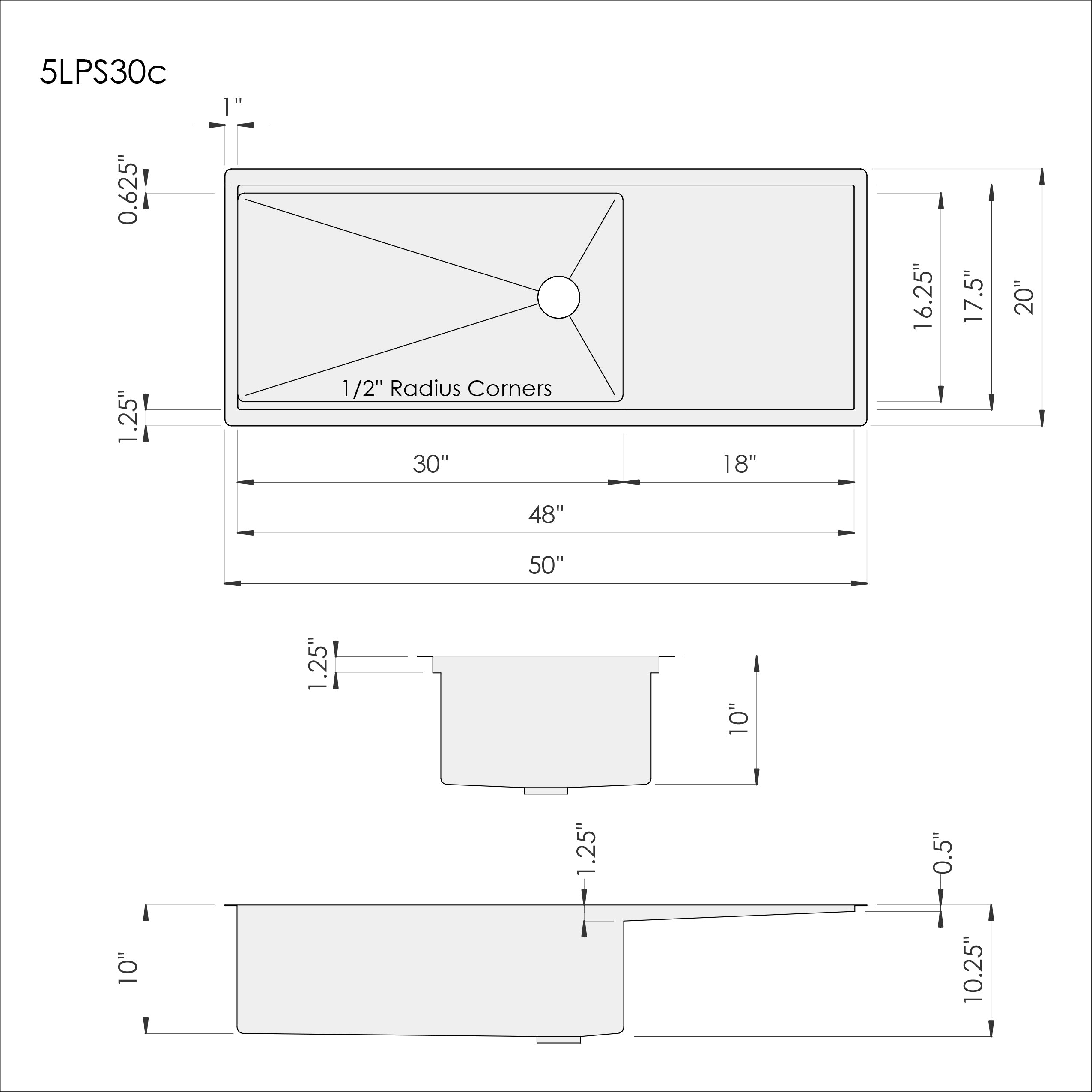 Dimensions for Create Good Sinks 50 inch stainless steel undermount workstation drainboard sink. Reversible design, 30 inch bowl, single bowl, 10 inch depth. 5LPS30c