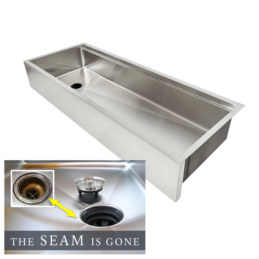 50 inch undermount apron front  workstation sink with offset drain and built in ledge for sink accessories
