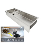 50 inch undermount apron front  workstation sink with offset drain and built in ledge for sink accessories, the seam is gone