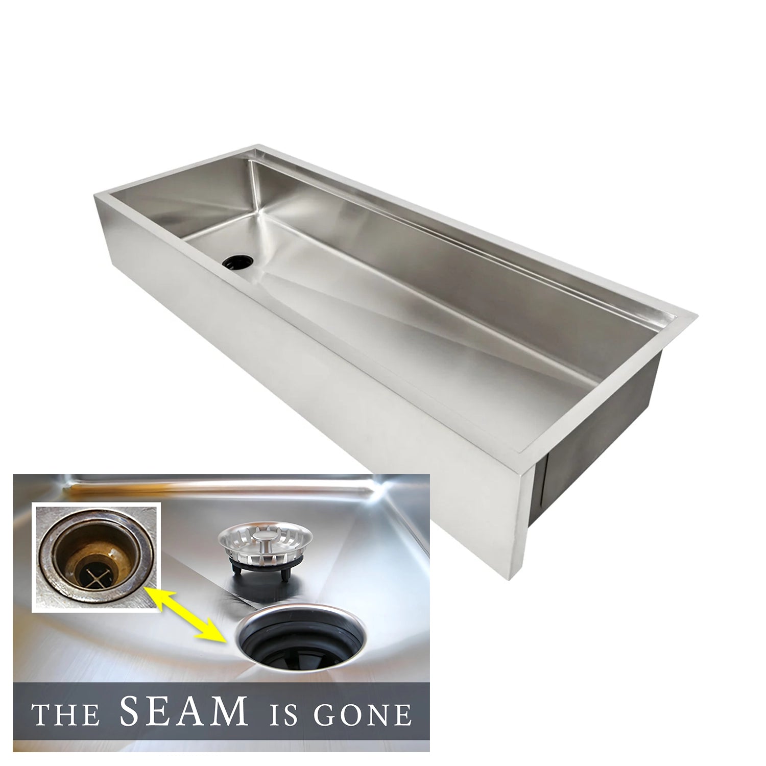 50 inch undermount apron front  workstation sink with offset drain and built in ledge for sink accessories, the seam is gone