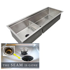 The Seam is Gone. 50 inch stainless steel undermount double bowl workstation sink with low divider and offset seamless drain