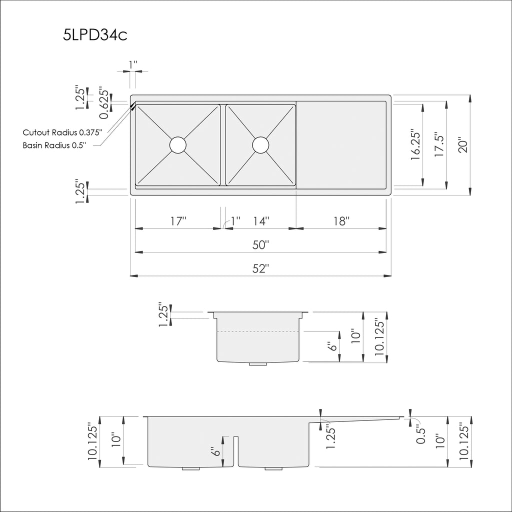 Dimensions of Create Good Sinks' 52" stainless steel undermount double bowl workstation kitchen sink with smart low divider