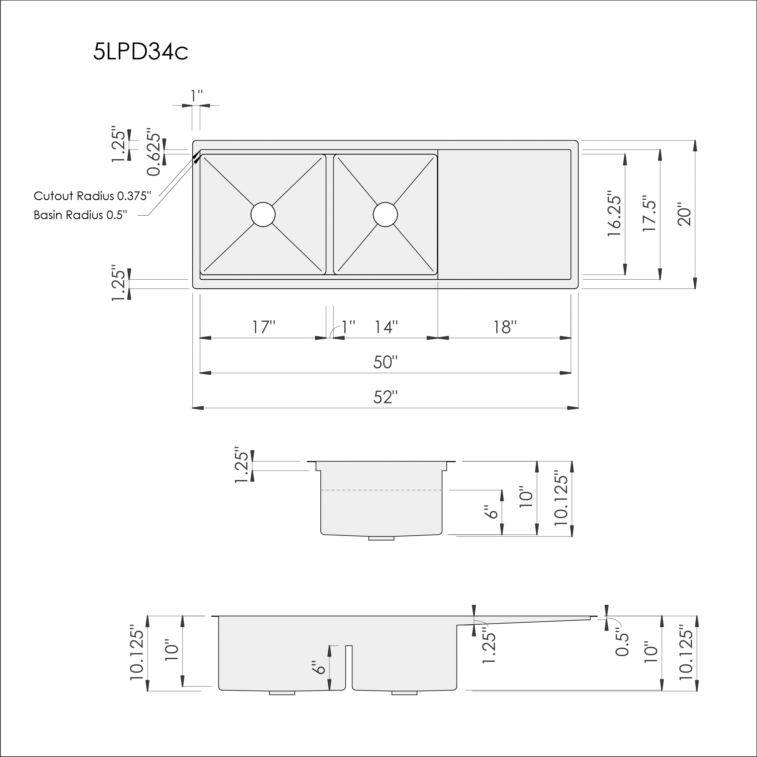 Dimensions of Create Good Sinks' 52" stainless steel undermount double bowl workstation kitchen sink with smart low divider