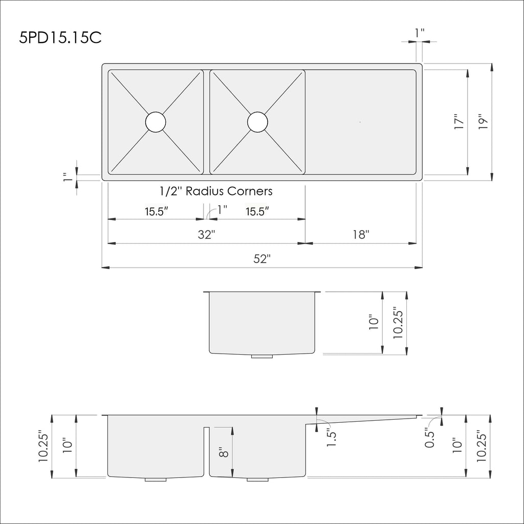 Technical drawing of 52-inch stainless steel undermount drainboard sink, showing dimensions, 1/2-inch radius corners, and double bowl layout.