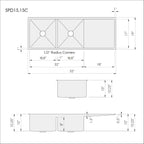 Technical drawing of 52-inch stainless steel undermount drainboard sink, showing dimensions, 1/2-inch radius corners, and double bowl layout.