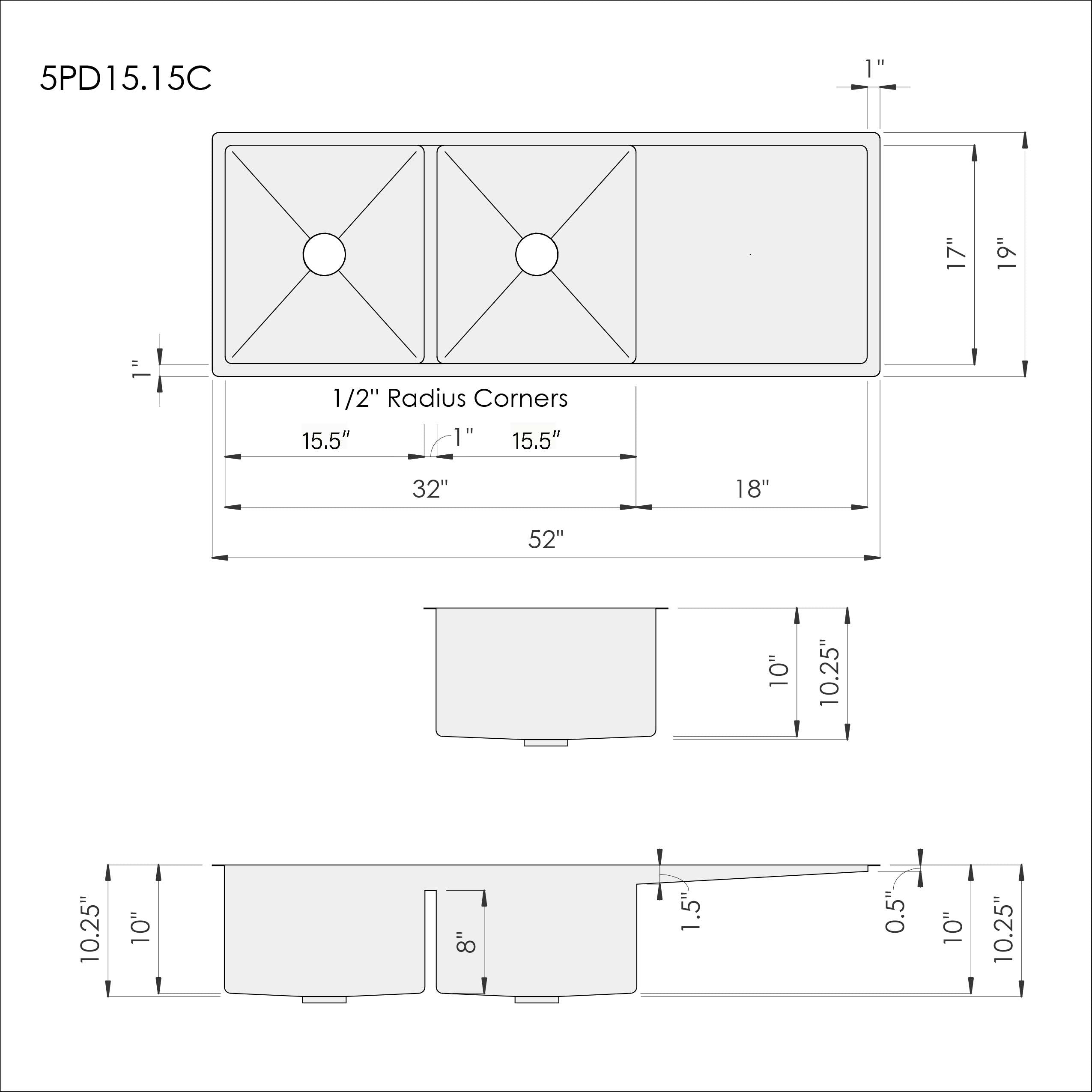 Technical drawing of 52-inch stainless steel undermount drainboard sink, showing dimensions, 1/2-inch radius corners, and double bowl layout.
