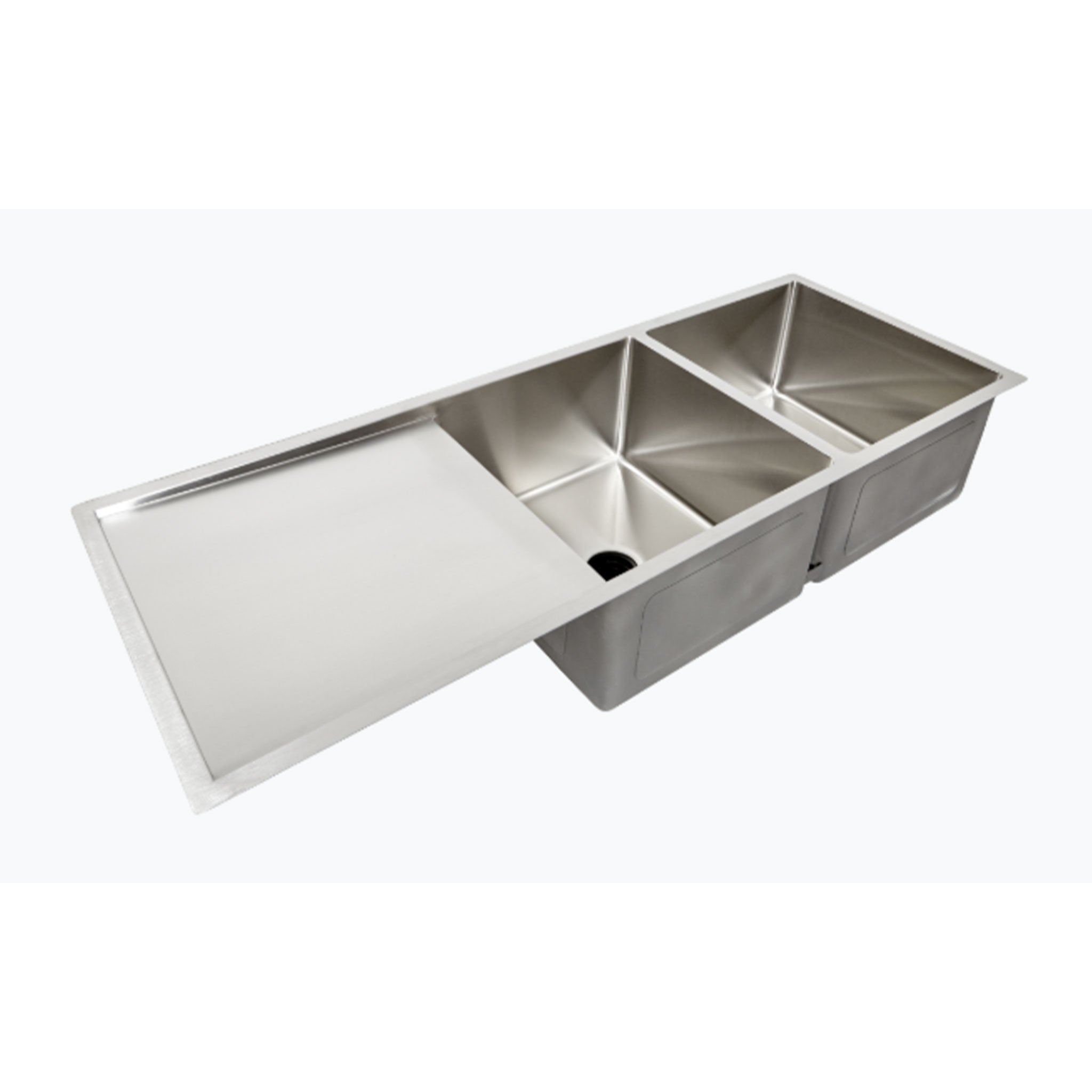 52-inch large stainless steel undermount drainboard sink with double bowl and reversible design. Features a seamless, low divide with a center drain.