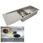 52 inch 16 gauge stainless steel undermount double basin workstation kitchen sink with smart low divide and seamless drain. The Seam is Gone.