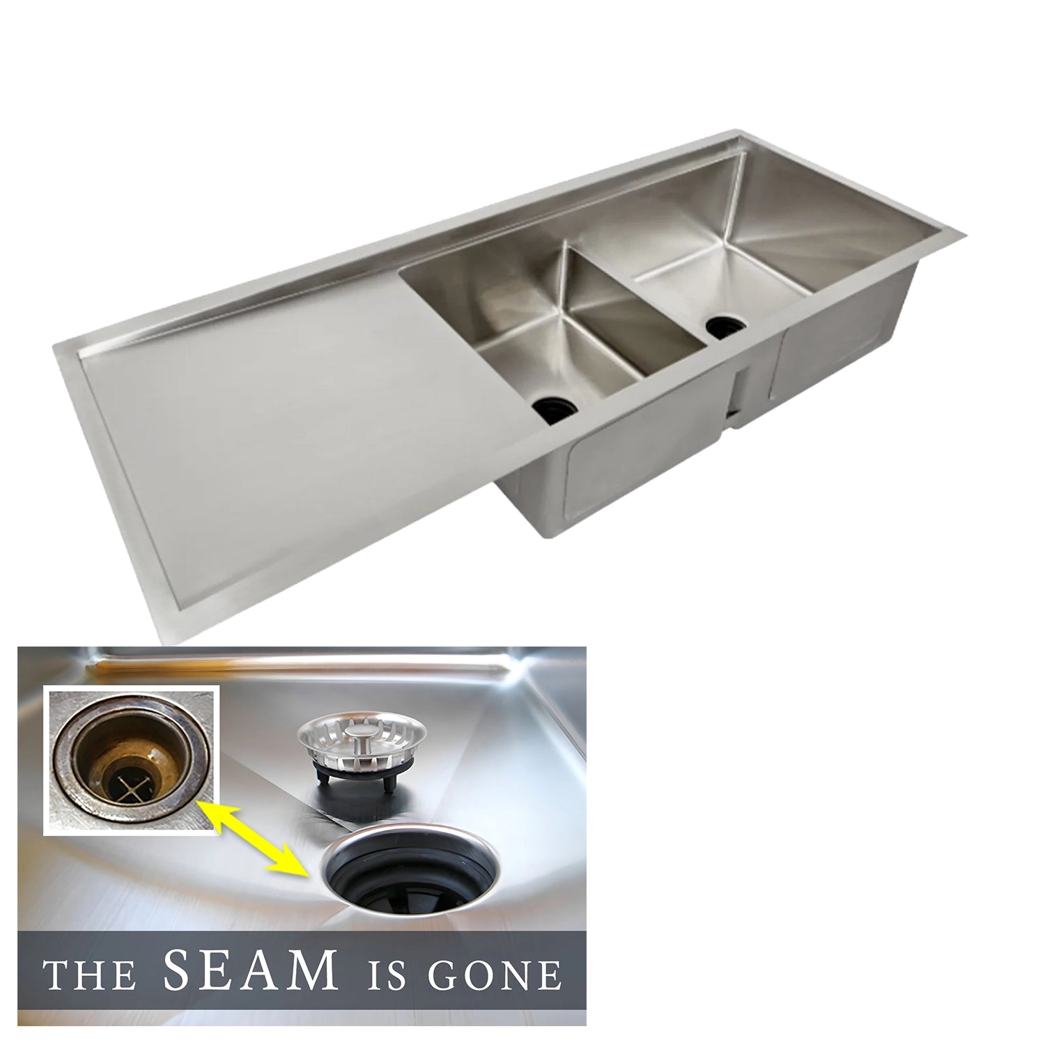 52 inch 16 gauge stainless steel undermount double basin workstation kitchen sink with smart low divide and seamless drain. The Seam is Gone.