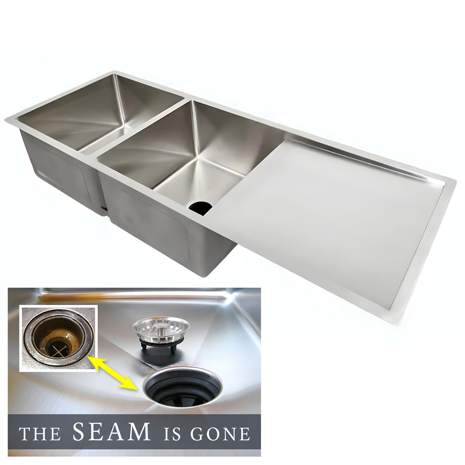 Reversible 52-inch stainless steel double bowl undermount sink with integrated drainboard. Designed with a low divide and offset drain for efficiency.