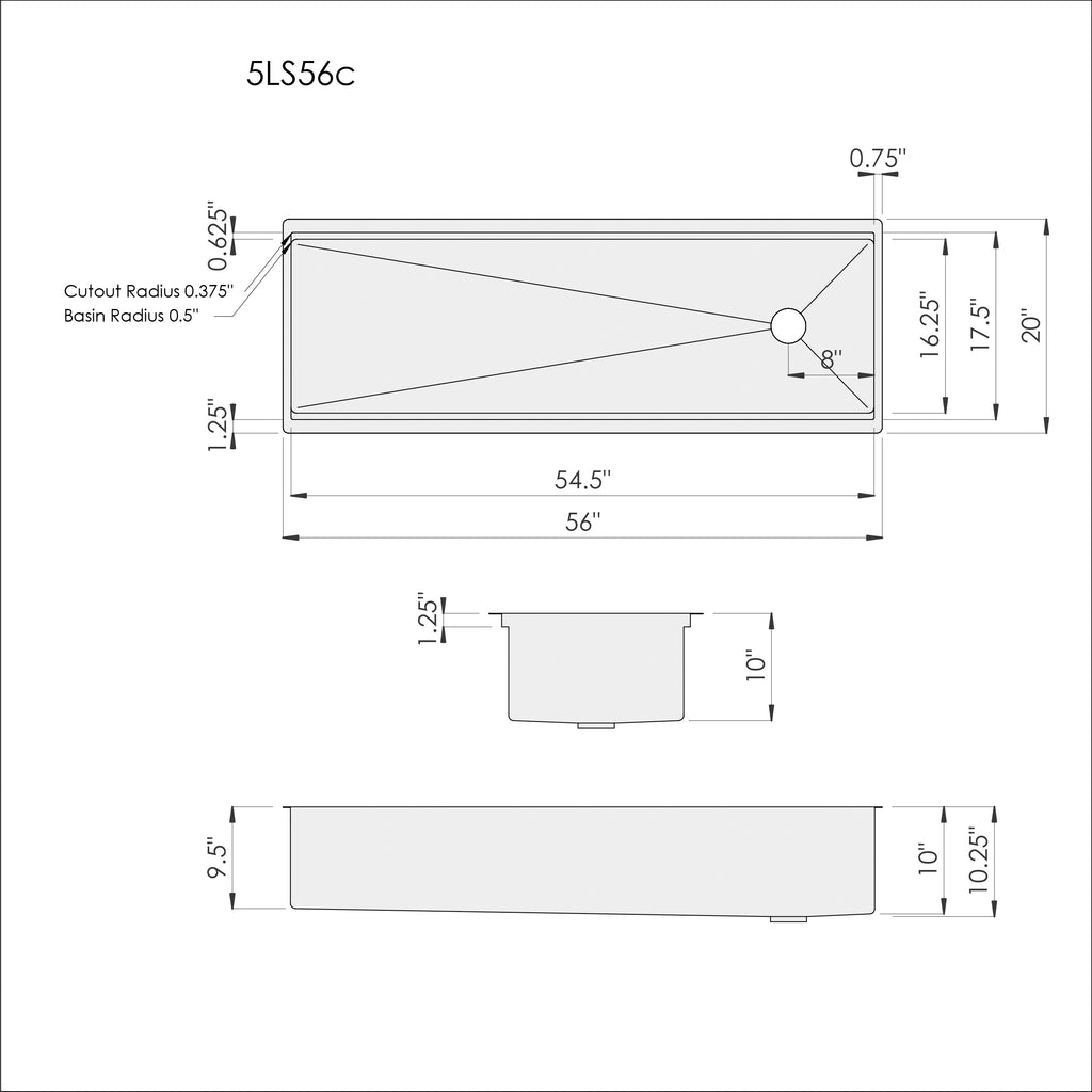 Dimensions of Create Good SInks 56 inch stainless steel undermount workstation kitchen sink. Single basin, offset reversible drain. Dual tier design with double ledge accessories. 5 foot sink. 