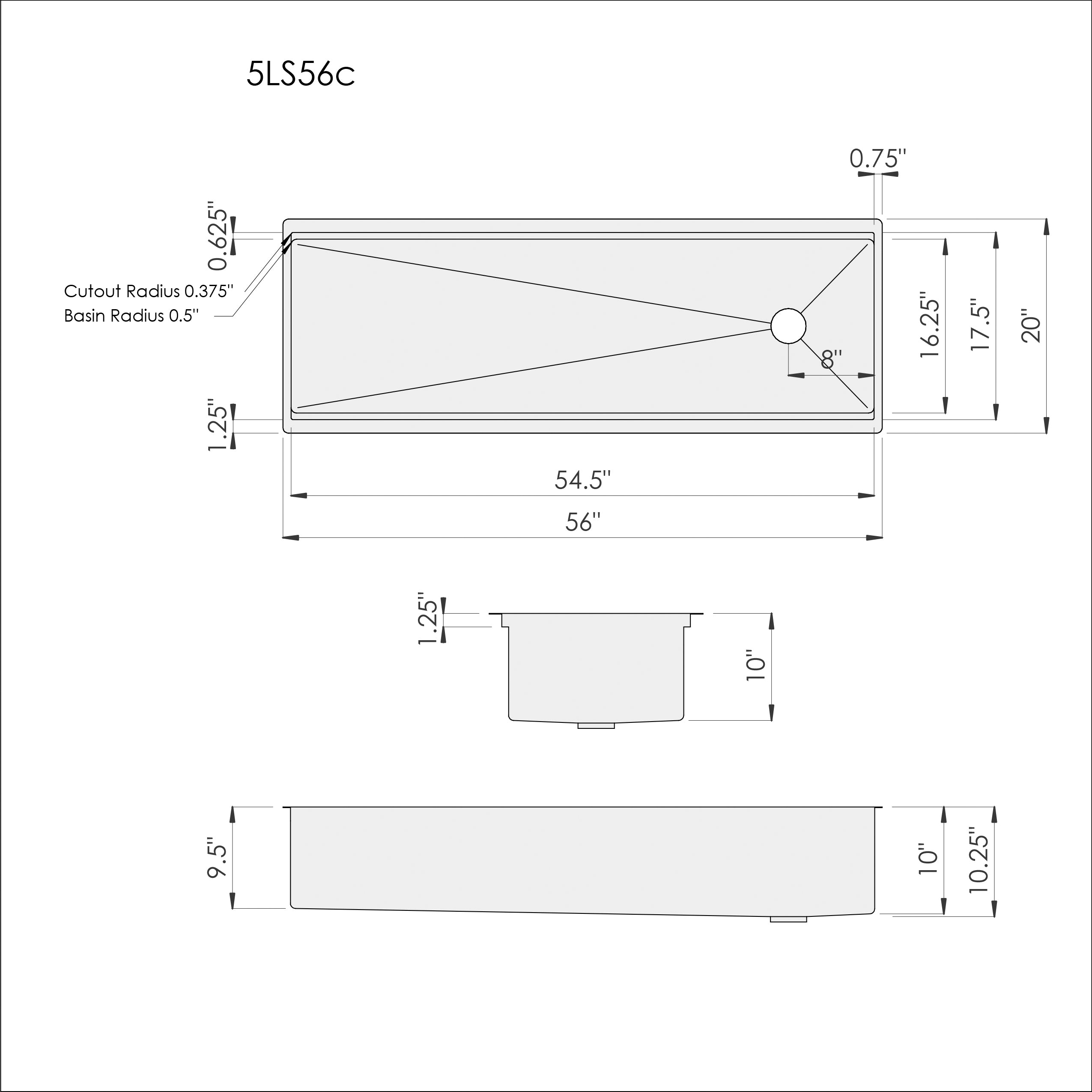 Dimensions of Create Good SInks 56 inch stainless steel undermount workstation kitchen sink. Single basin, offset reversible drain. Dual tier design with double ledge accessories. 5 foot sink. 