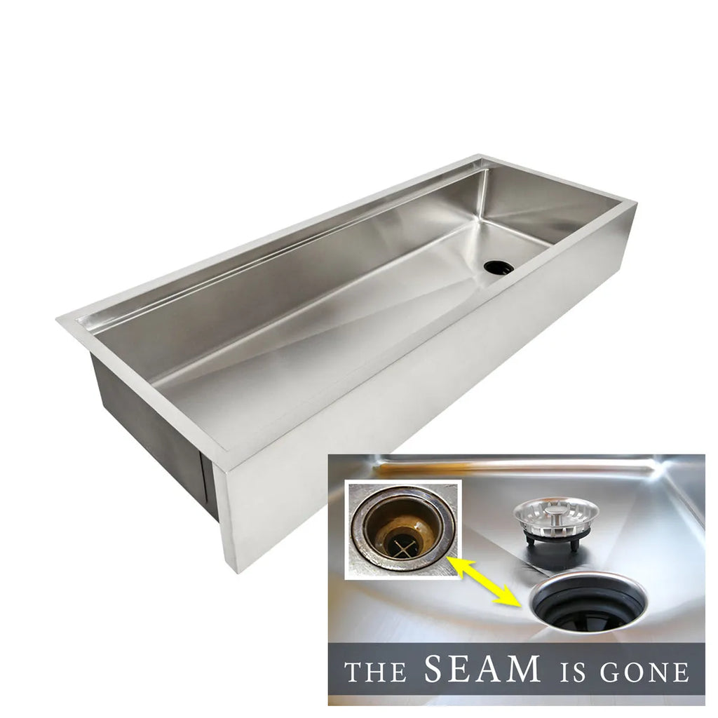 56 inch undermount apron front  workstation sink with offset drain and built in ledge for sink accessories The Seam Is Gone