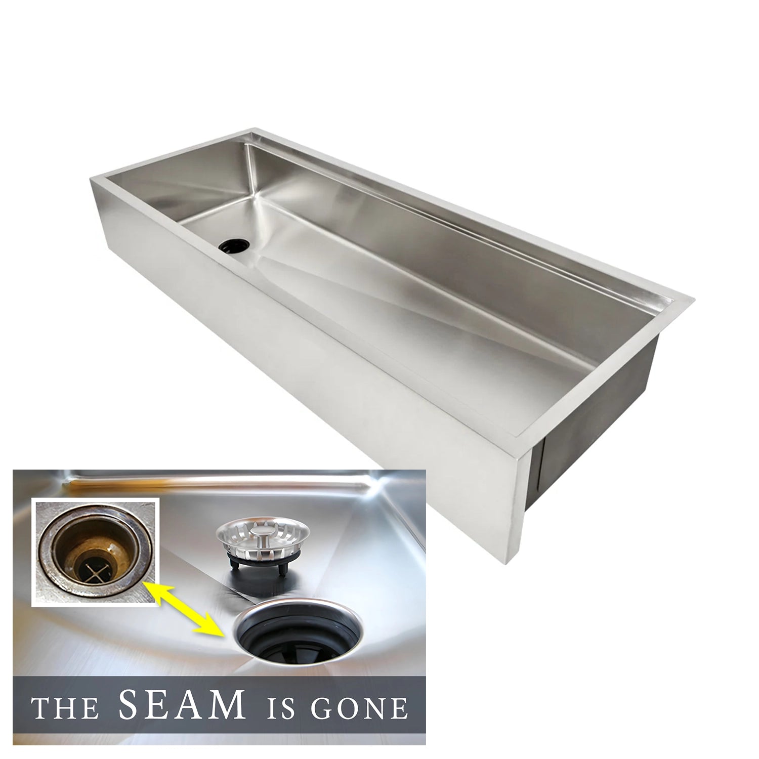 56 inch undermount apron front  workstation sink with offset drain and built in ledge for sink accessories The Seam Is Gone