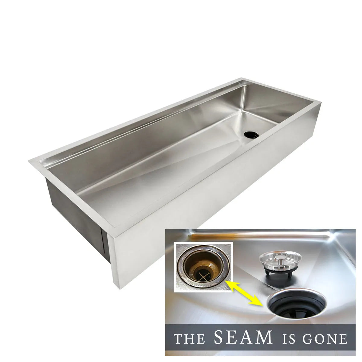 56 inch undermount apron front  workstation sink with offset drain and built in ledge for sink accessories The Seam Is Gone