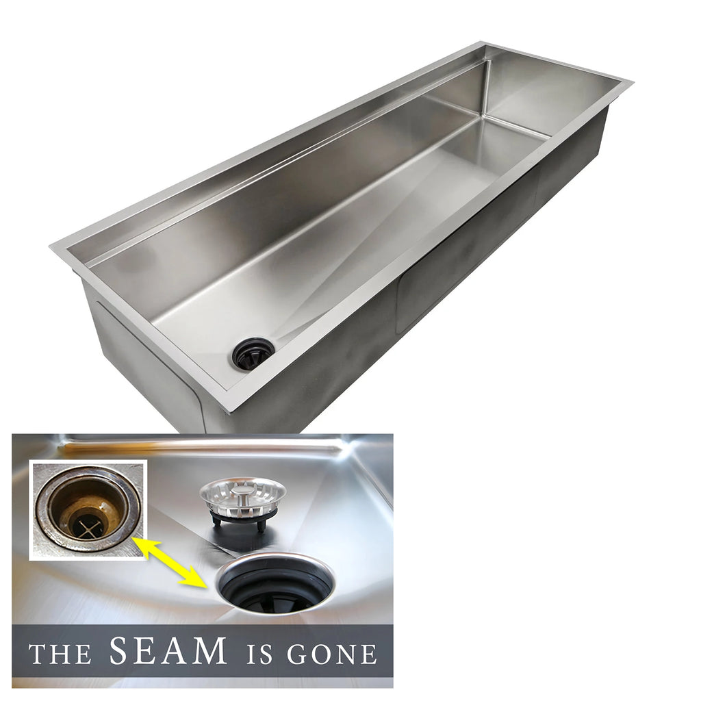 The Seam is Gone. Create Good Sinks 56 inch undermount single bowl workstation kitchen sink. 5 foot single basin sink with offset seamless drain and built in ledge for sink accessories.