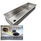 The Seam is Gone. Create Good Sinks 56 inch undermount single bowl workstation kitchen sink. 5 foot single basin sink with offset seamless drain and built in ledge for sink accessories.