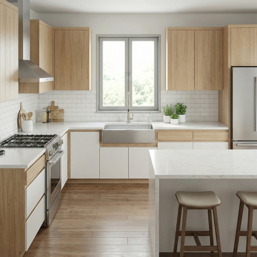 33 inch apron farmhouse sink made with 16 gauge stainless steel in bright, minimal, high end modern kitchen