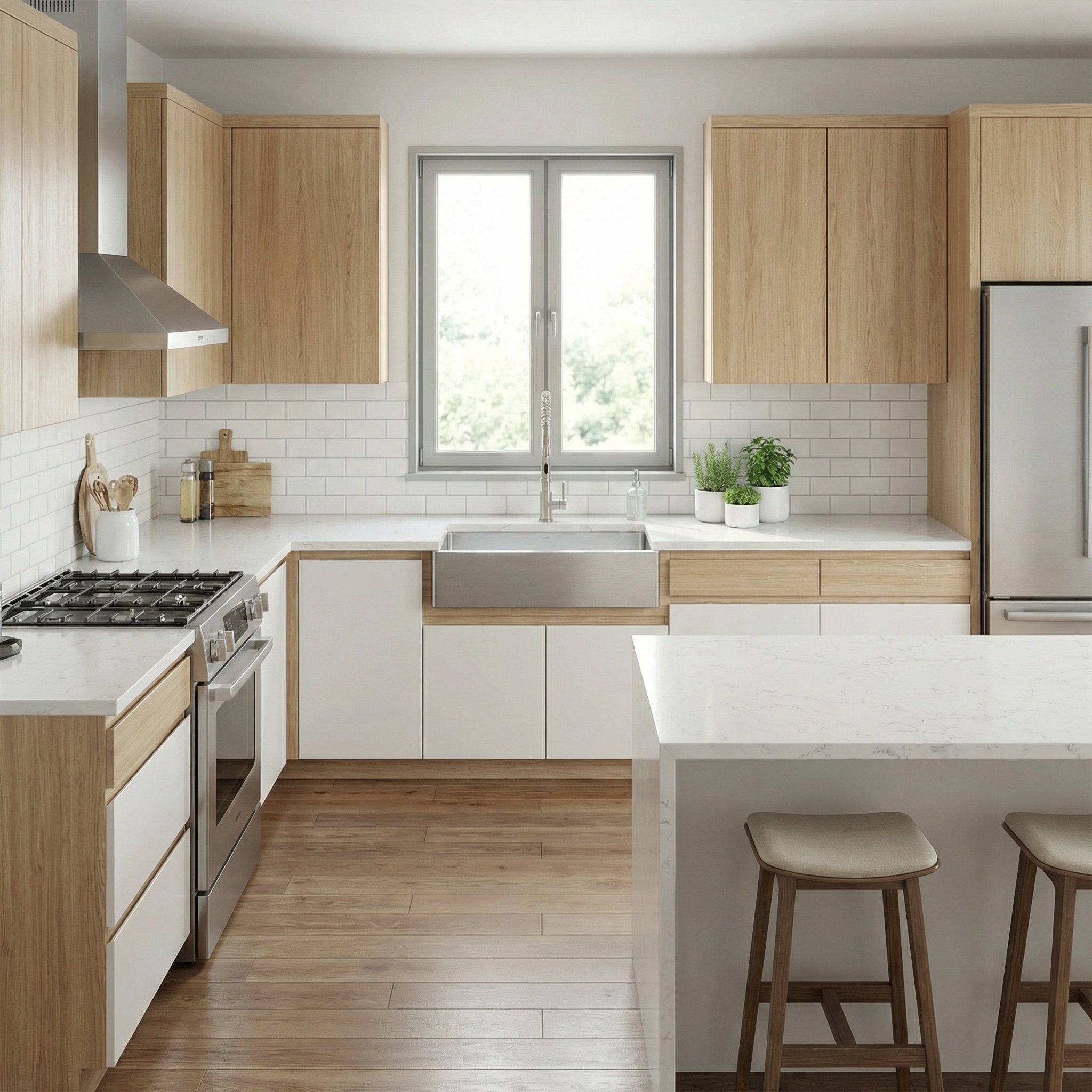 33 inch apron farmhouse sink made with 16 gauge stainless steel in bright, minimal, high end modern kitchen