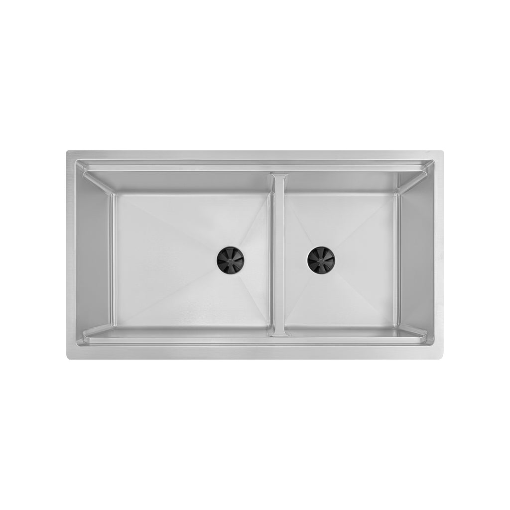36" Undermount Apron Front Workstation Sink – 16 Gauge Stainless Steel Double Bowl – 8" Deep – Large Bowl Left – Seamless Drain (5LAD36-8)