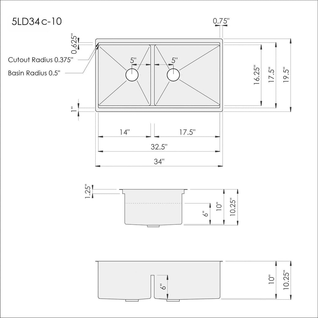 5LD34c-10 34 inch double bowl workstation sink dimensions