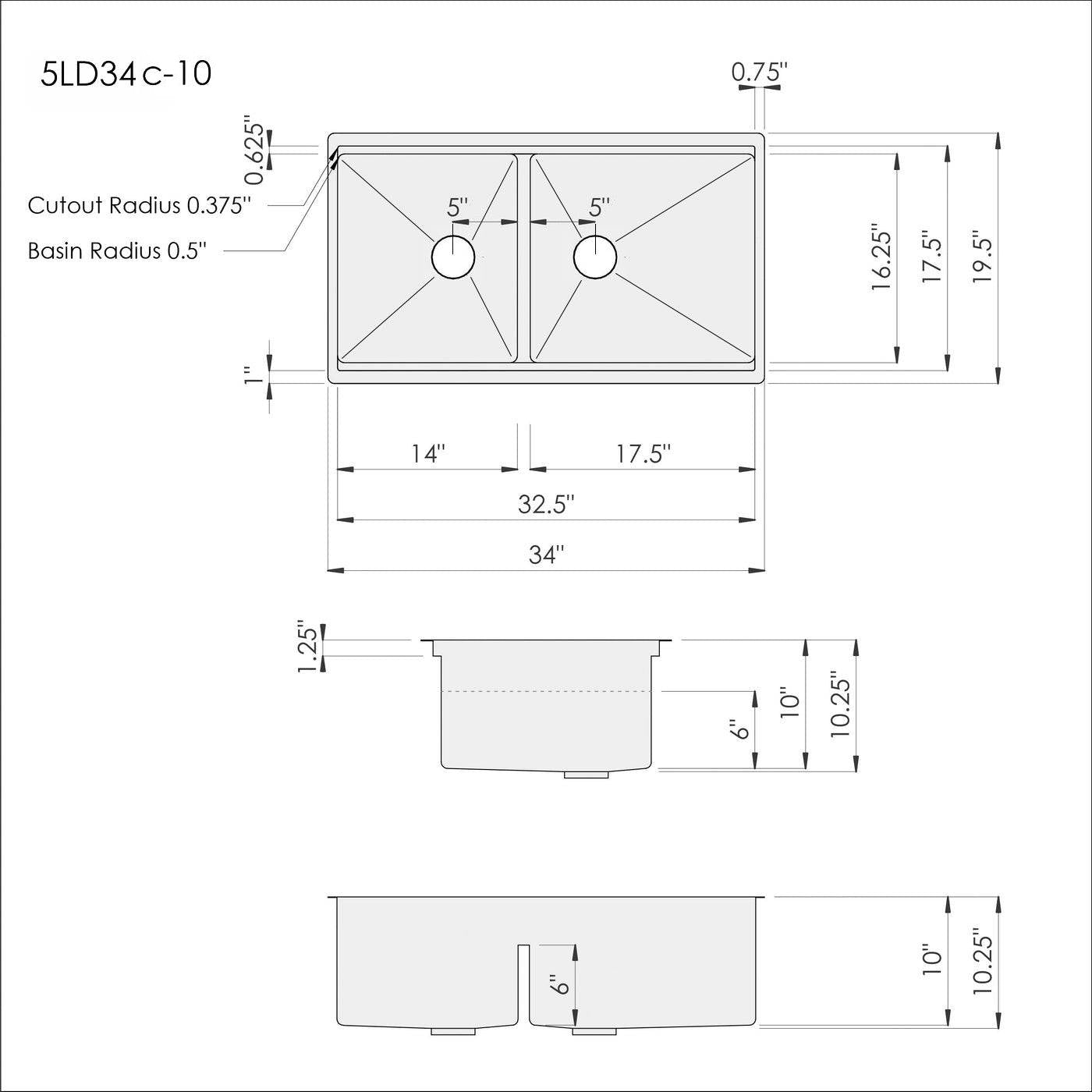 34" Undermount Workstation Sink – 16 Gauge Stainless Steel Double Bowl – Reversible – Seamless Drain (5LD34C)