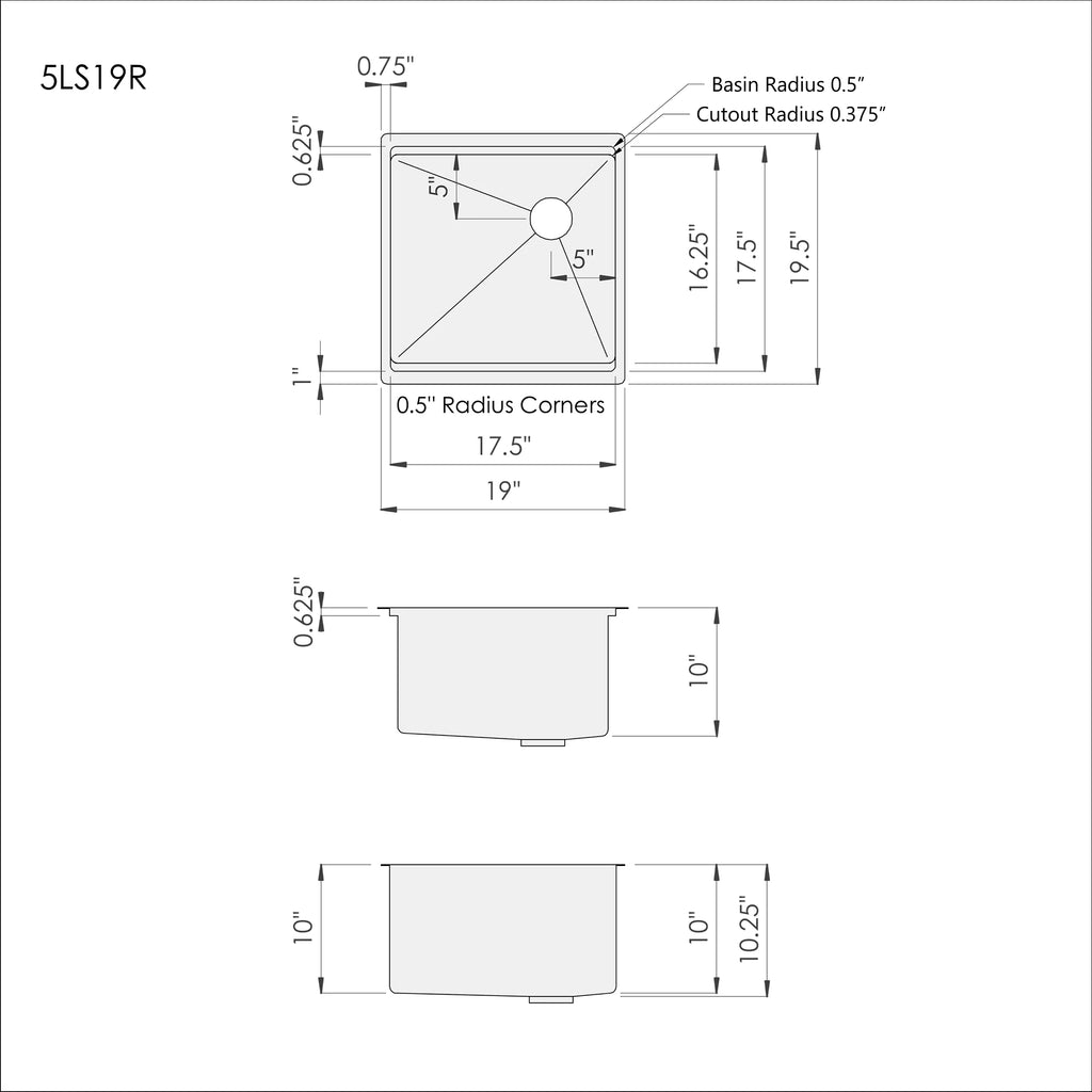 Technical drawing of the 19-inch workstation prep sink. Includes dimensions, cutout specifications, and basin radius details.