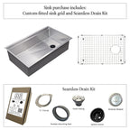The 5LS31C-10 stainless steel workstation kitchen sinks includes a custom-fitted sink grid and a seamless drain kit with a c-clamp, rubber mounting seal, drain fitting, splash guard, and strainer basket.