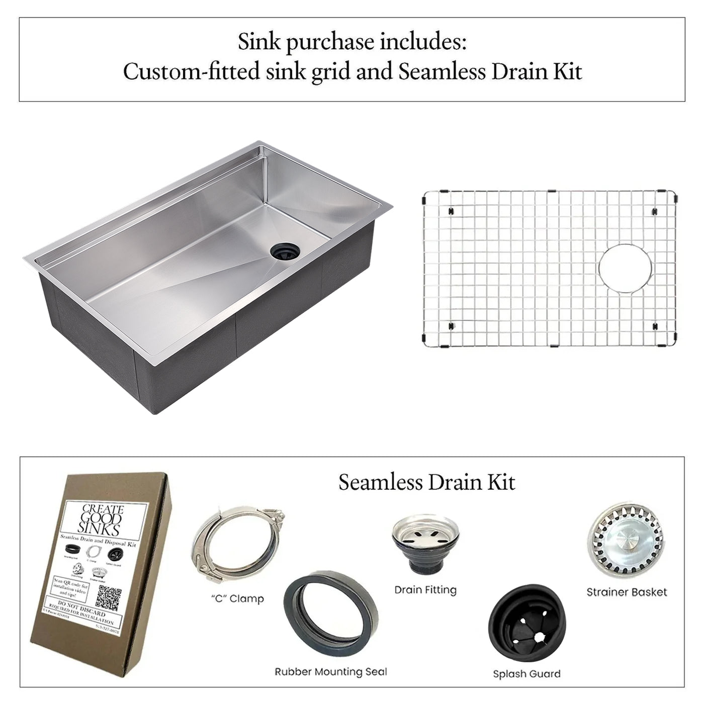 The 5LS31C-10 stainless steel workstation kitchen sinks includes a custom-fitted sink grid and a seamless drain kit with a c-clamp, rubber mounting seal, drain fitting, splash guard, and strainer basket.