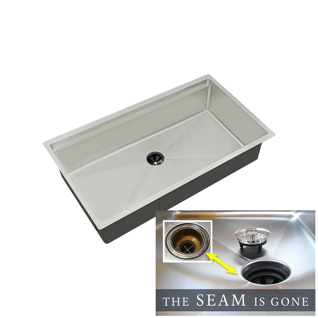 Stainless steel 33-inch workstation sink with center drain and roll-up drying rack. Undermount single bowl design for efficient kitchen workflow.