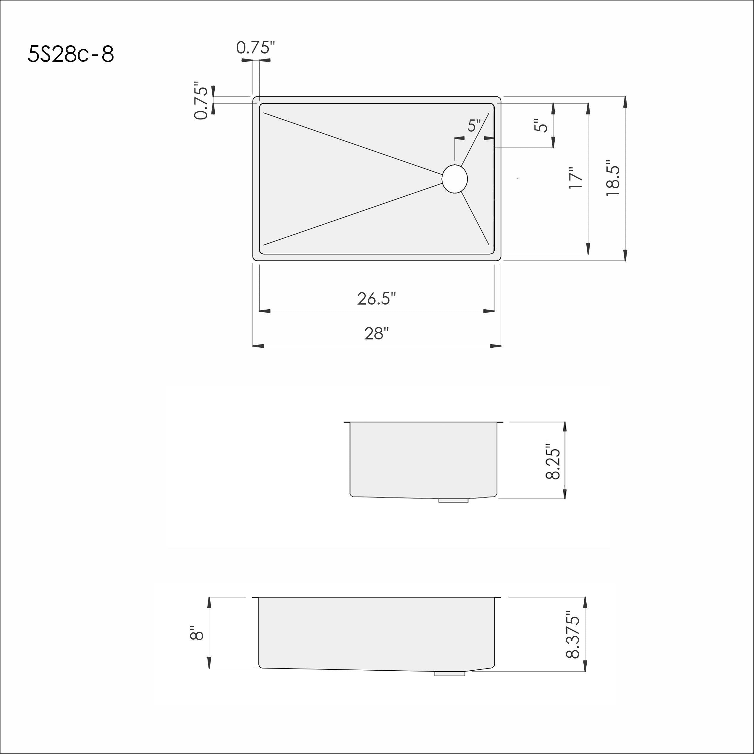 28 inch stainless steel undermount kitchen sink 8 inch depth reversible offset drain dimensions