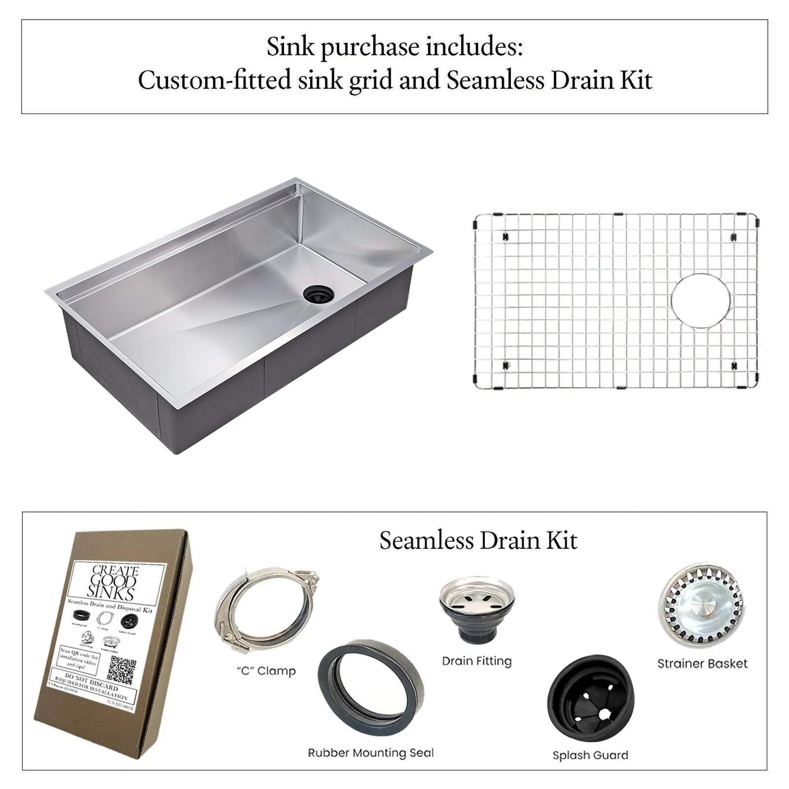 31-inch stainless steal kitchen workstation sink with a custom-fitted sink grid and seamless drain kit, including a C-clamp, rubber mounting seal, drain fitting, strainer basket, and splash guard.