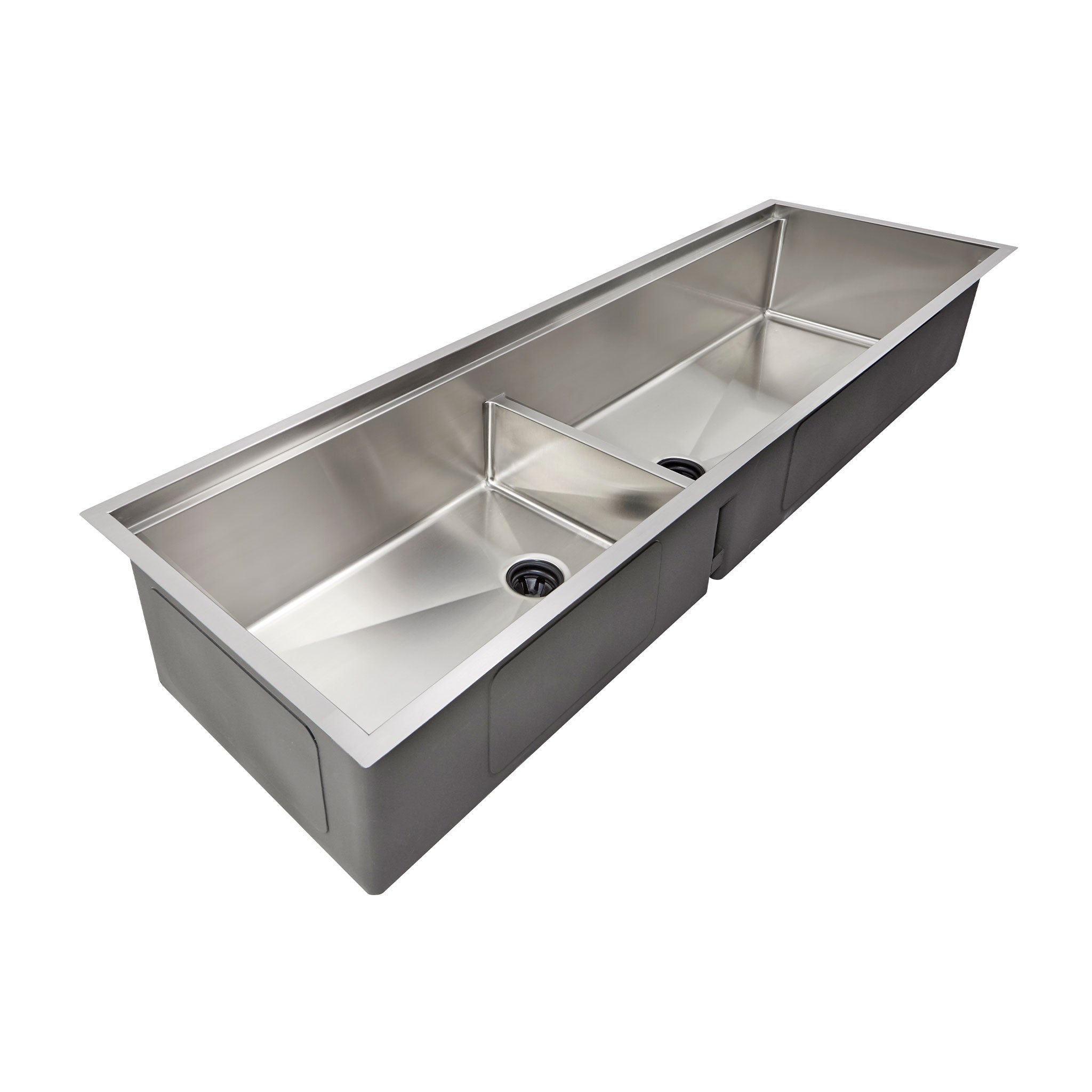 63-inch large workstation kitchen sink with stainless steel undermount double bowl design and low divide for versatile use.
