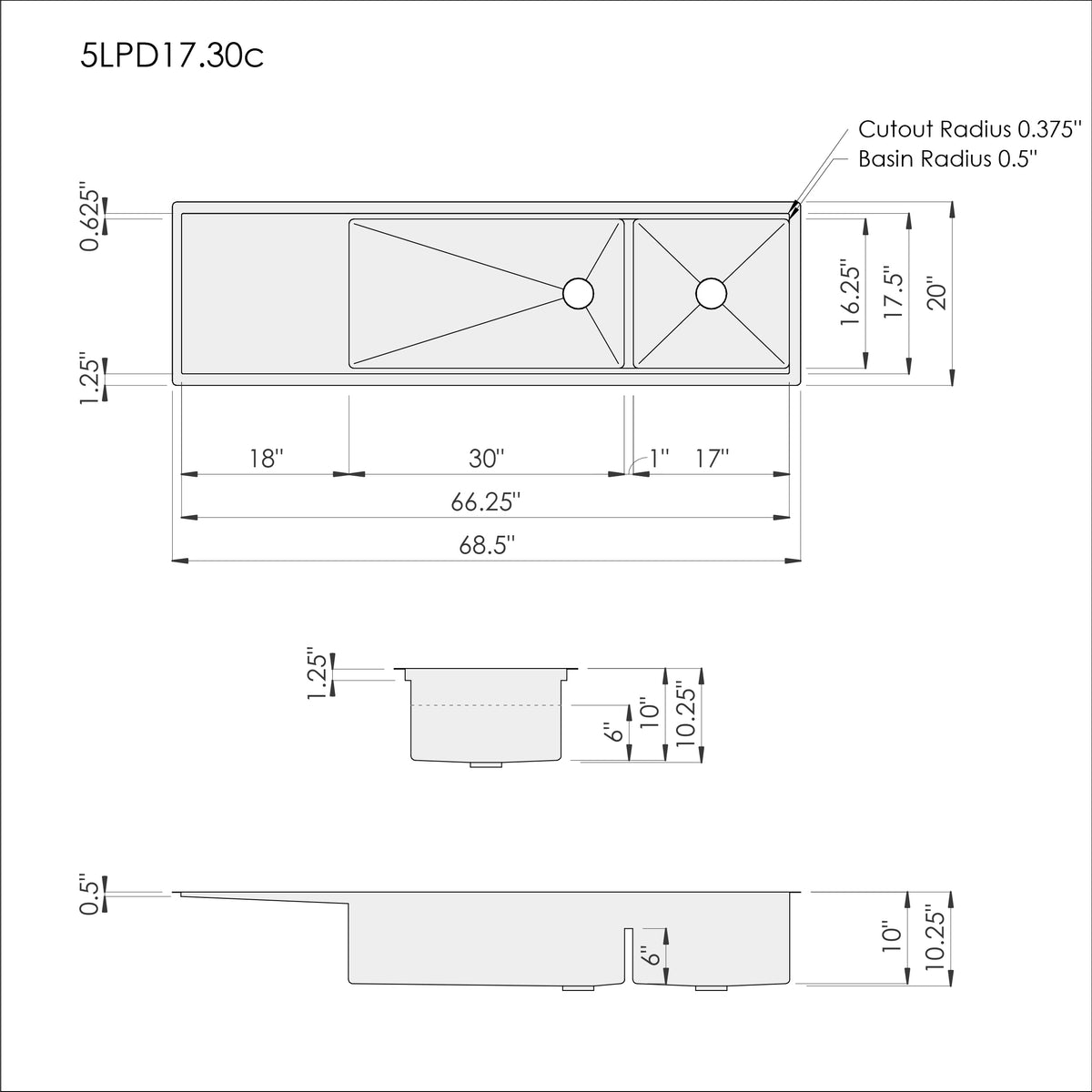 Schematic Dimension Drawing for Create Good Sinks' 5LPD17.30C Drainboard, double-bowl, workstation kitchen sink.