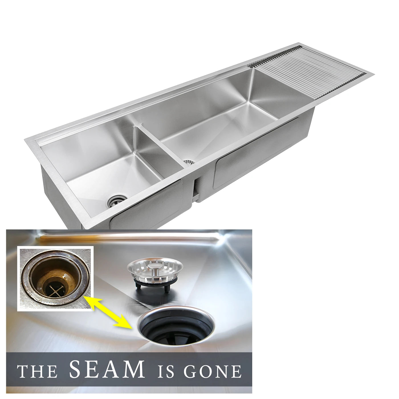 Dual basin workstation kitchen sink with stainless steel drainboard 68 inches in width. The Seam is Gone. 