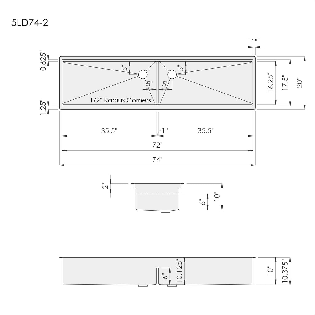 Dimensions of Create Good Sinks' 74 inch, six foot workstation sink. Stainless steel, double bowl, smart low divide, half inch radius corners, seamless drain.
