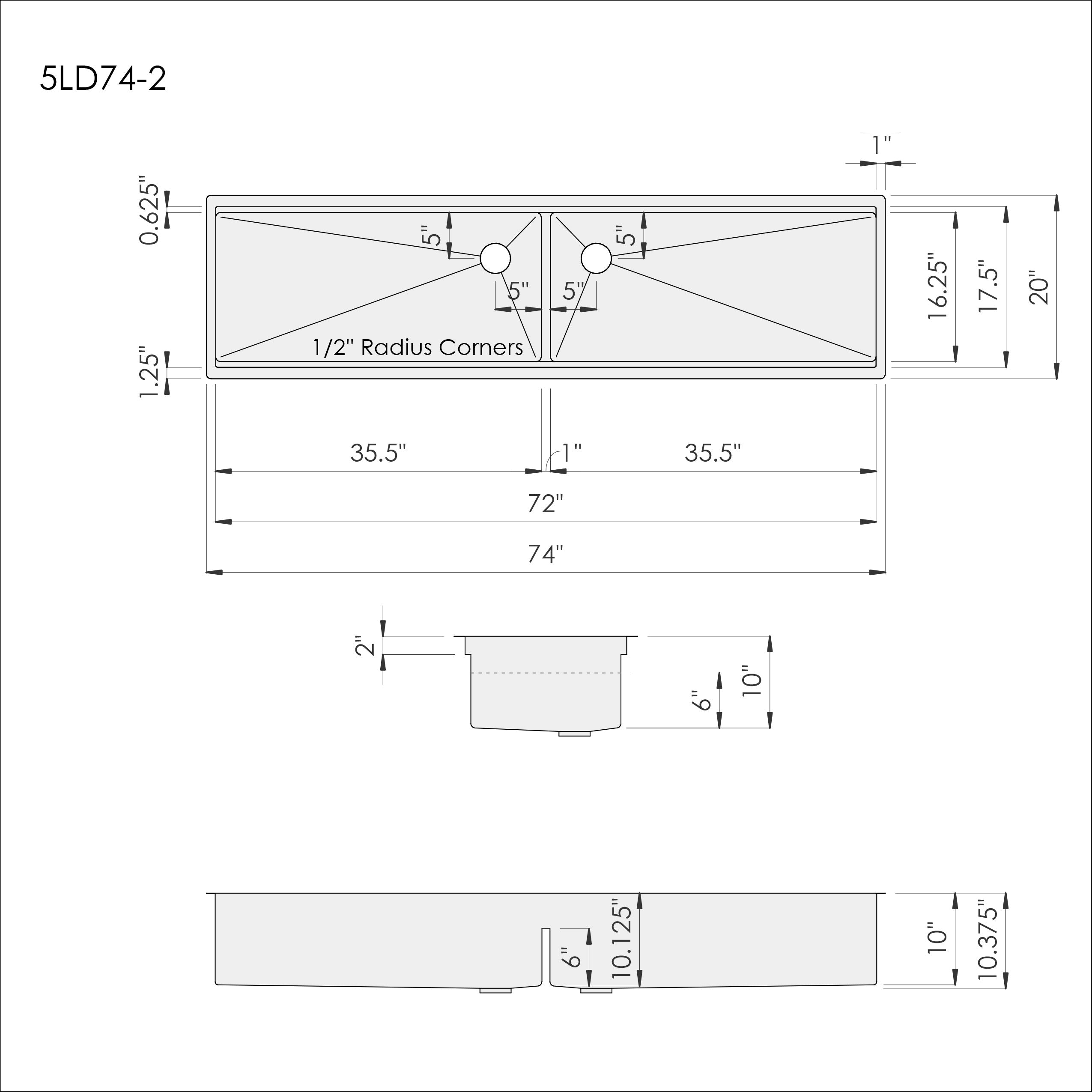 Dimensions of Create Good Sinks' 74 inch, six foot workstation sink. Stainless steel, double bowl, smart low divide, half inch radius corners, seamless drain.