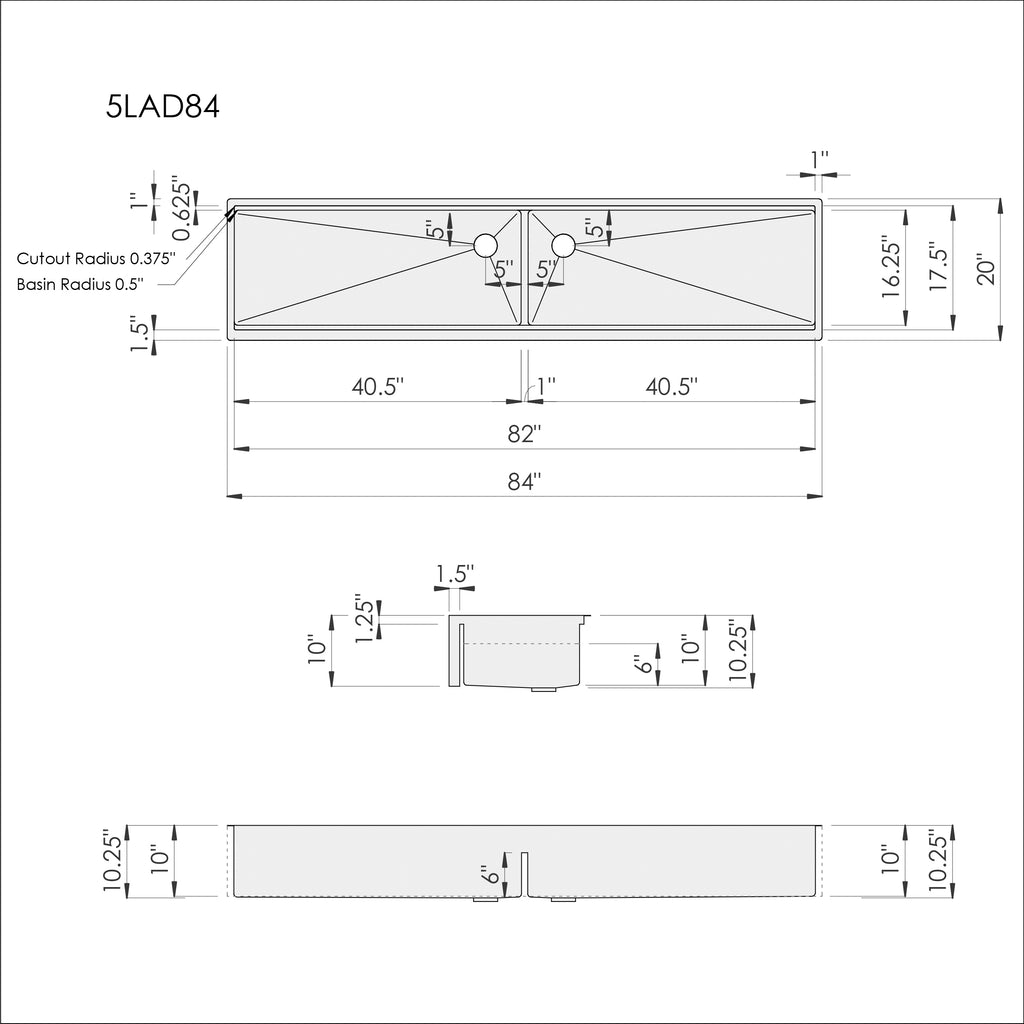 Technical drawing of 84-inch apron front double bowl farmhouse sink, detailing dimensions, cutout specifications, and drain placement.