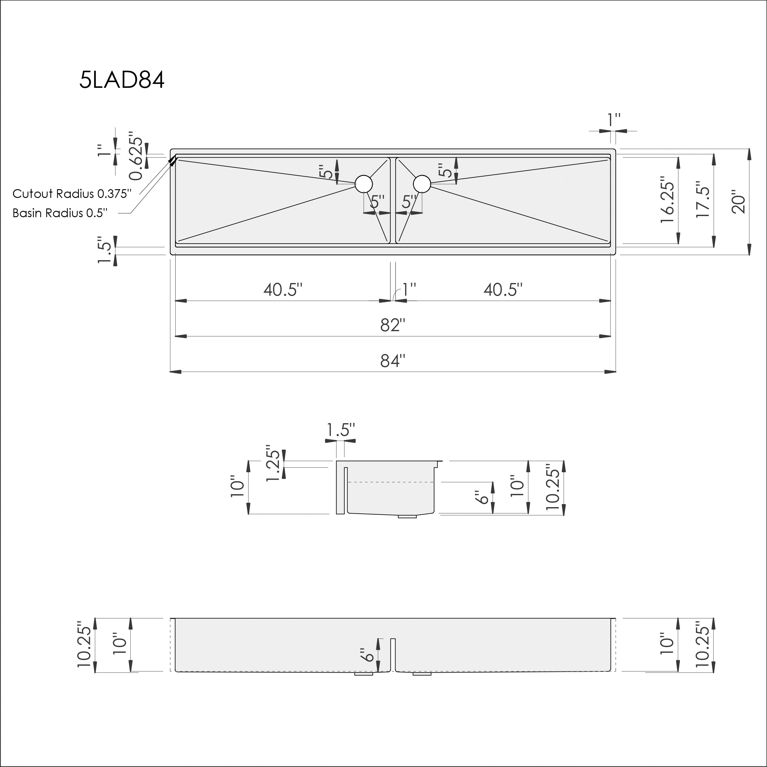 Technical drawing of 84-inch apron front double bowl farmhouse sink, detailing dimensions, cutout specifications, and drain placement.