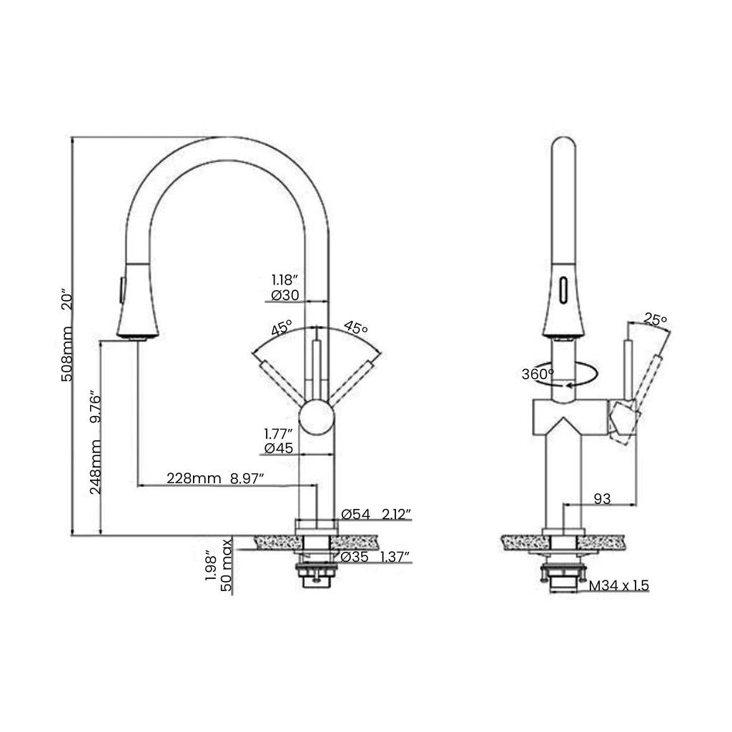 Technical drawing of the Bella stainless steel kitchen faucet, displaying detailed dimensions and installation specifications.