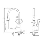 Technical drawing of the Bella stainless steel kitchen faucet, displaying detailed dimensions and installation specifications.