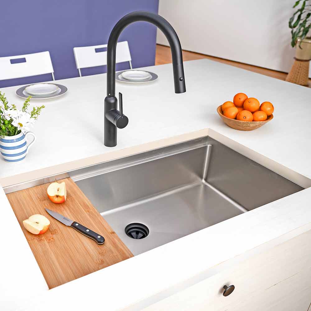 33 inch stainless steel workstation sink with center Seamless drain design, workstation sink cutting board accessory and Matte black Claudette faucet.
