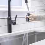 Tall simple matte black kitchen faucet with spray function for washing berries paired with 33 inch stainless steel workstation sink