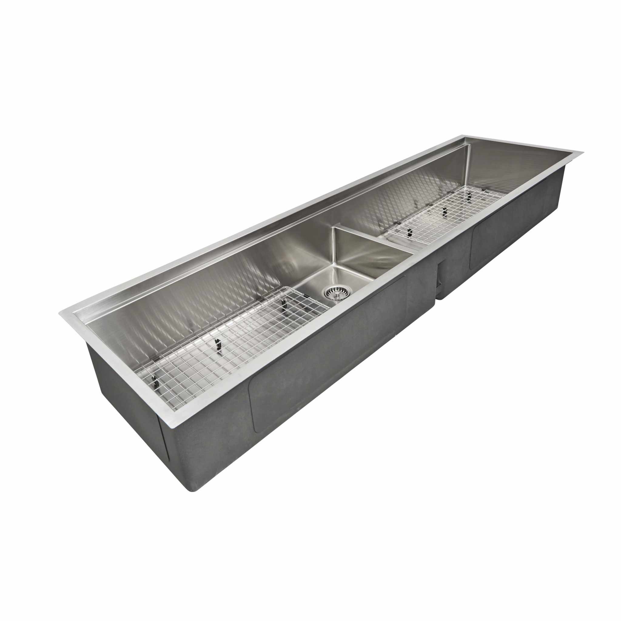 Six foot undermount double bowl workstation sink with stainless steel sink grids.
